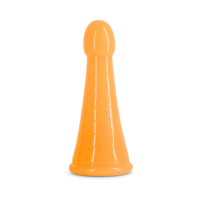 Orange glow-in-the-dark tapered silicone dildo with a rounded tip and textured body on a white background.