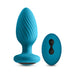 Blue textured silicone anal plug with flared base and matching remote control with power and vibration buttons.