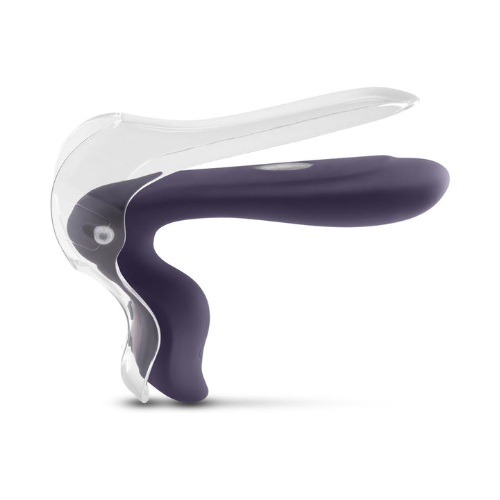 Gray and clear silicone speculum vibrator with ergonomic design and control button on white background