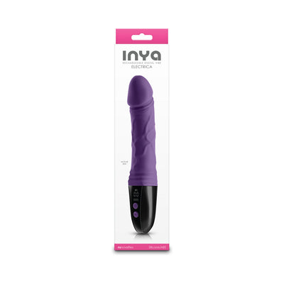 Purple phallic-shaped rechargeable vibrator with digital display and control buttons in sleek packaging.
