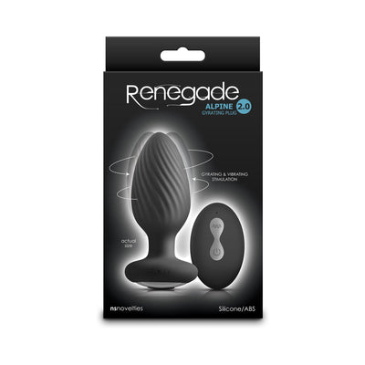 Packaging of Renegade Alpine 2.0 gyrating silicone anal plug with remote control shown at actual size.