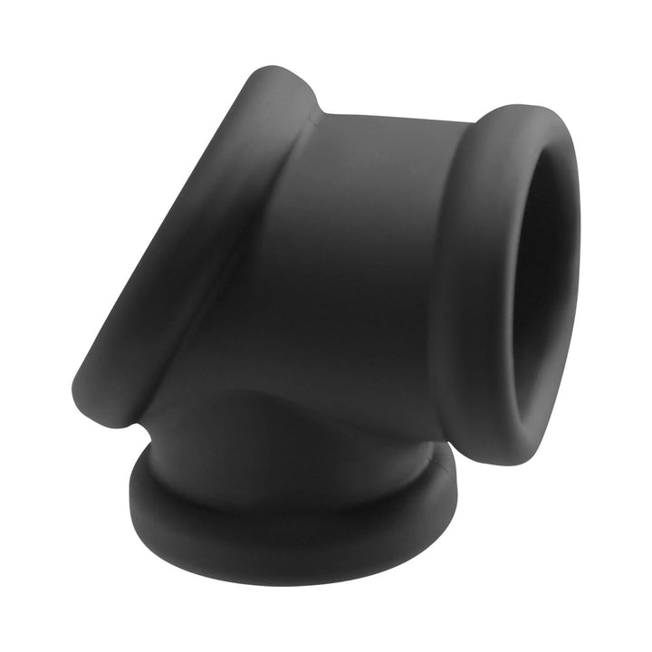 Black silicone cock and balls ring with a smooth, flexible design for comfort and performance enhancement.