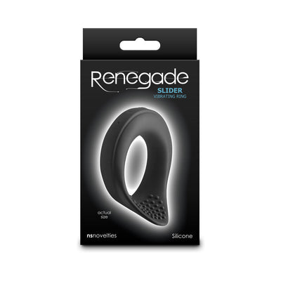 Packaging of Renegade Slider Black vibrating silicone ring with textured tip, shown at actual size on black background.