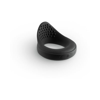 Black silicone vibrating cock ring with textured inner surface and power button on the side.