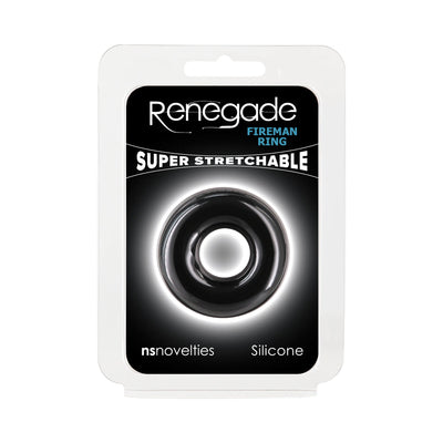 Packaging of Renegade Fireman Ring Small Black, a super stretchable silicone ring by ns novelties.