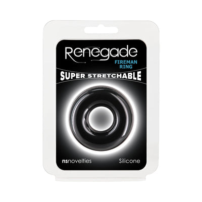 Renegade Fireman Ring medium size in black silicone packaging with super stretchable feature displayed.