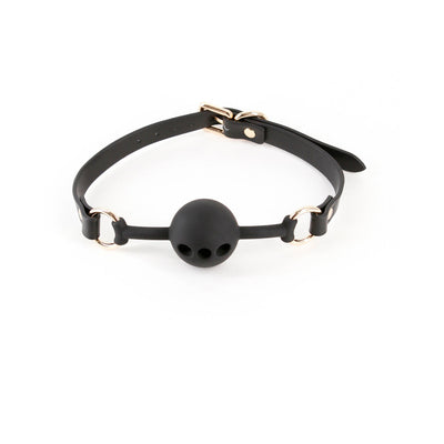 Black breathable ball gag with adjustable strap and gold-tone hardware on white background.