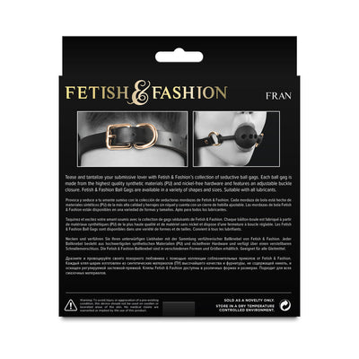 Packaging of Fetish & Fashion Fran Ball Gag in black, showing adjustable buckle strap and breathable ball design.