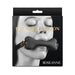 Packaging of Fetish & Fashion Roseanne black bone-shaped breathable gag with adjustable strap shown on model with closed eyes.