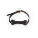Black bone-shaped silicone gag with adjustable strap and gold-tone hardware on white background