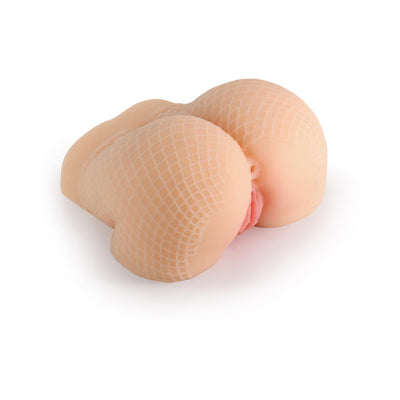 Tan-colored realistic stroker toy with fishnet pattern texture, designed for lifelike sensation and pleasure.