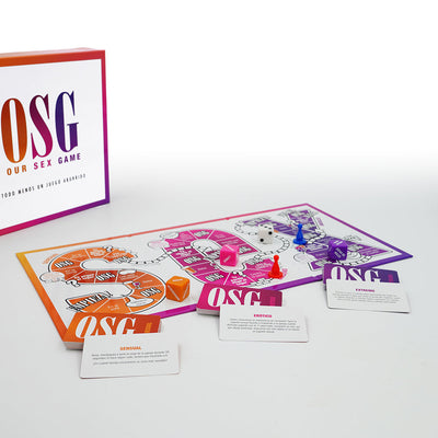 Our Sex Game Spanish edition with colorful game board, cards, dice, and play pieces for intimate couples' fun.