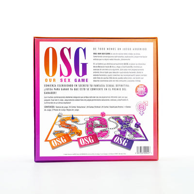 Back of Our Sex Game board game box in Spanish showing game description, contents, and colorful game board with cards and dice.
