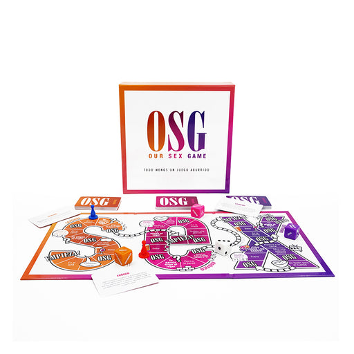 Our Sex Game board with colorful game pieces, dice, and cards displayed alongside the box in Spanish language edition.