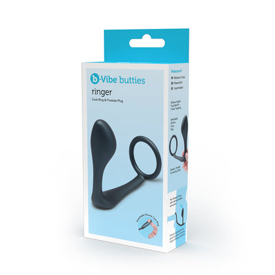 Packaging of b-Vibe Ringer C-Ring and Prostate Plug in black silicone with waterproof and flexible design features.