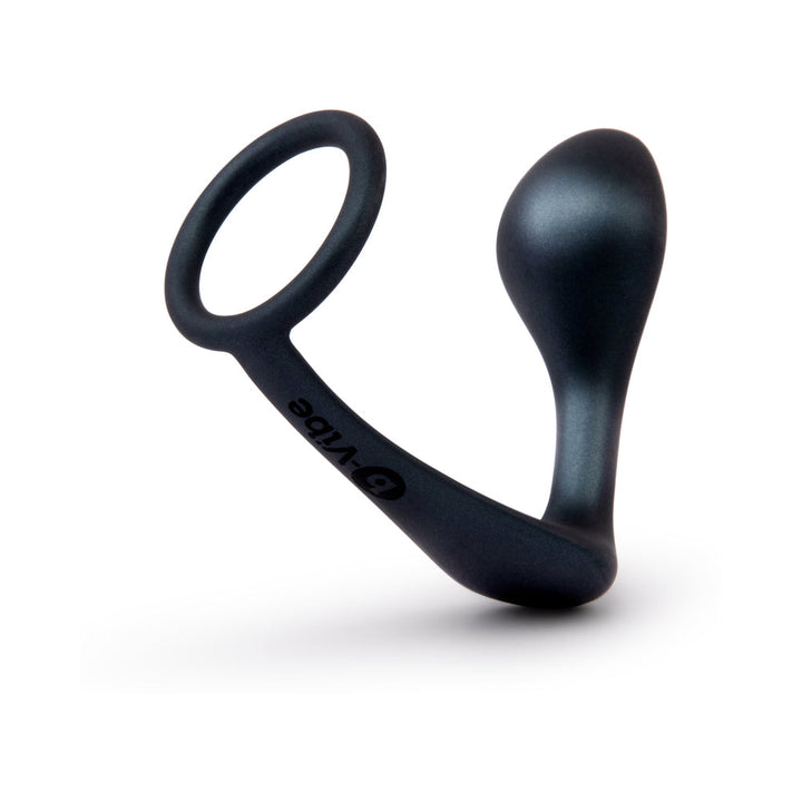 Black silicone b-Vibe Ringer C-Ring and prostate plug with ergonomic design and finger loop.