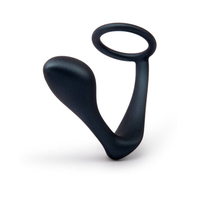 Black silicone b-Vibe Ringer C-Ring with attached prostate plug and finger loop on white background.