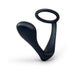 Black silicone b-Vibe Ringer C-Ring with attached prostate plug and finger loop on white background.