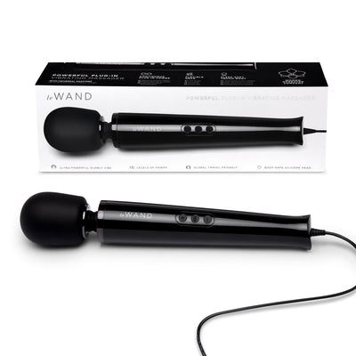 Le Wand Plugin Sky White powerful plug-in vibrating massager with silicone head and long cord shown with packaging box.