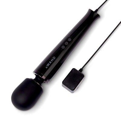 Le Wand Plugin Sky White black wand massager with long cord and control buttons on handle against white background