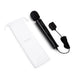 Le Wand Plugin Sky White black wand massager with long cord and white branded storage pouch on white background