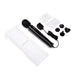 Le Wand Plugin Sky White black wand massager with power cord, multiple plug adapters, user guides, and white storage pouch on white background.