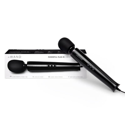 Le Wand Plugin Sky White powerful black plug-in wand massager with silicone head and control buttons displayed with packaging box.