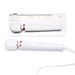 Le Wand Plugin Sky White powerful vibrating massager with silicone head and long cord displayed with packaging box.