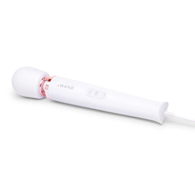 Le Wand Plugin Sky White vibrating massager with rose gold accents and long power cord on white background.