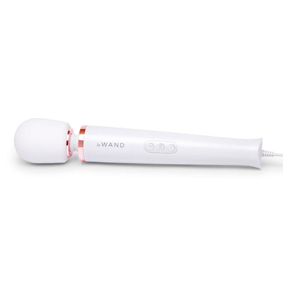 Le Wand Plugin Sky White wand massager with rose gold accents and control buttons on a white background.
