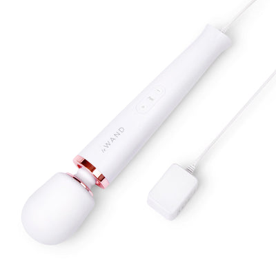 Le Wand Plugin Sky White wand massager with long cord and control buttons on handle, sleek design with rose gold accents.