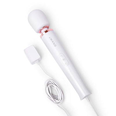 Le Wand Plugin Sky White wand massager with rose gold accents and attached power cord on white background