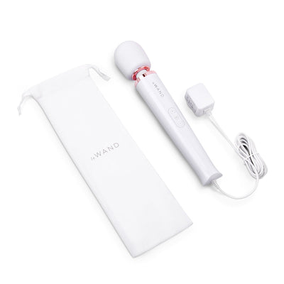 Le Wand Plugin Sky White with long power cord and white storage pouch on a white background.