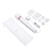 Le Wand Plugin Sky White massager with power adapter, international plugs, user guides, and branded storage pouch on white background.