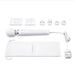 Le Wand Plugin Sky White massager with power cord, four plug adapters, user guides, and branded storage pouch on white background.