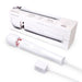 Le Wand Plugin Sky White vibrating massager with long cord and charger next to its packaging box.