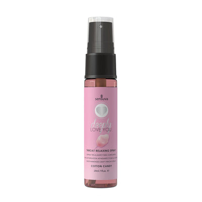 Sensuva Deeply Love You throat relaxing spray in cotton candy flavor with pink label and black spray cap.