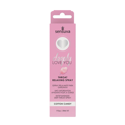 Sensuva Deeply Love You throat relaxing spray in cotton candy flavor, pink packaging, 1 fl oz size.