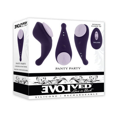 Packaging of Evolved Panty Party Purple remote-controlled silicone panty vibrator with remote control shown from multiple angles.