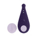 Purple remote-controlled panty vibe with rounded tip and matching lavender remote on white background.