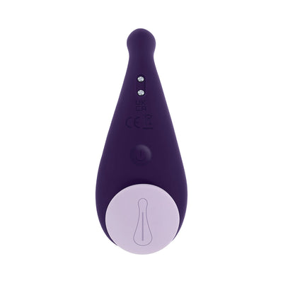 Purple silicone remote-controlled panty vibe with rounded tip and magnetic base for secure fit.
