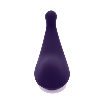 Purple silicone remote-controlled panty vibe with rounded wedge shape and tapered tip.