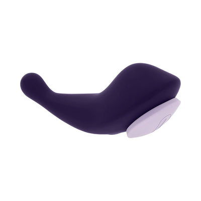 Purple silicone remote-controlled panty vibrator with ergonomic curved design and light purple magnetic base.