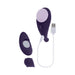 Purple silicone remote controlled panty vibe with USB charging cable and open battery compartment shown on white background.