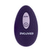 Purple oval-shaped remote control with wave and pause buttons, branded with Evolved logo in white.