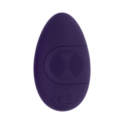Purple oval-shaped remote control for Evolved Panty Party with textured button and certification marks.