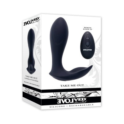 Black silicone remote-control vibrator with curved design and wireless remote, shown on white packaging box.