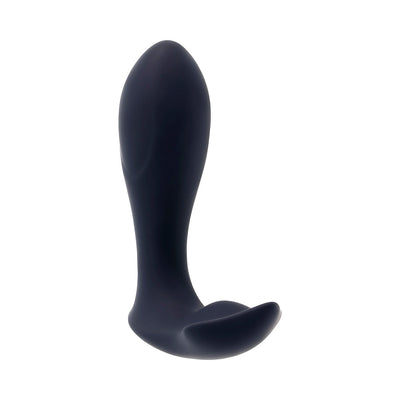 Black flexible silicone remote-control vibrator with bulbous shaft and winged stimulator.