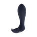 Black silicone curved personal massager with bulbous tip and ergonomic base for targeted stimulation.