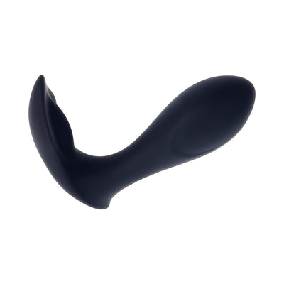 Black flexible silicone remote-control vibrator with bulbous shaft and winged stimulator.
